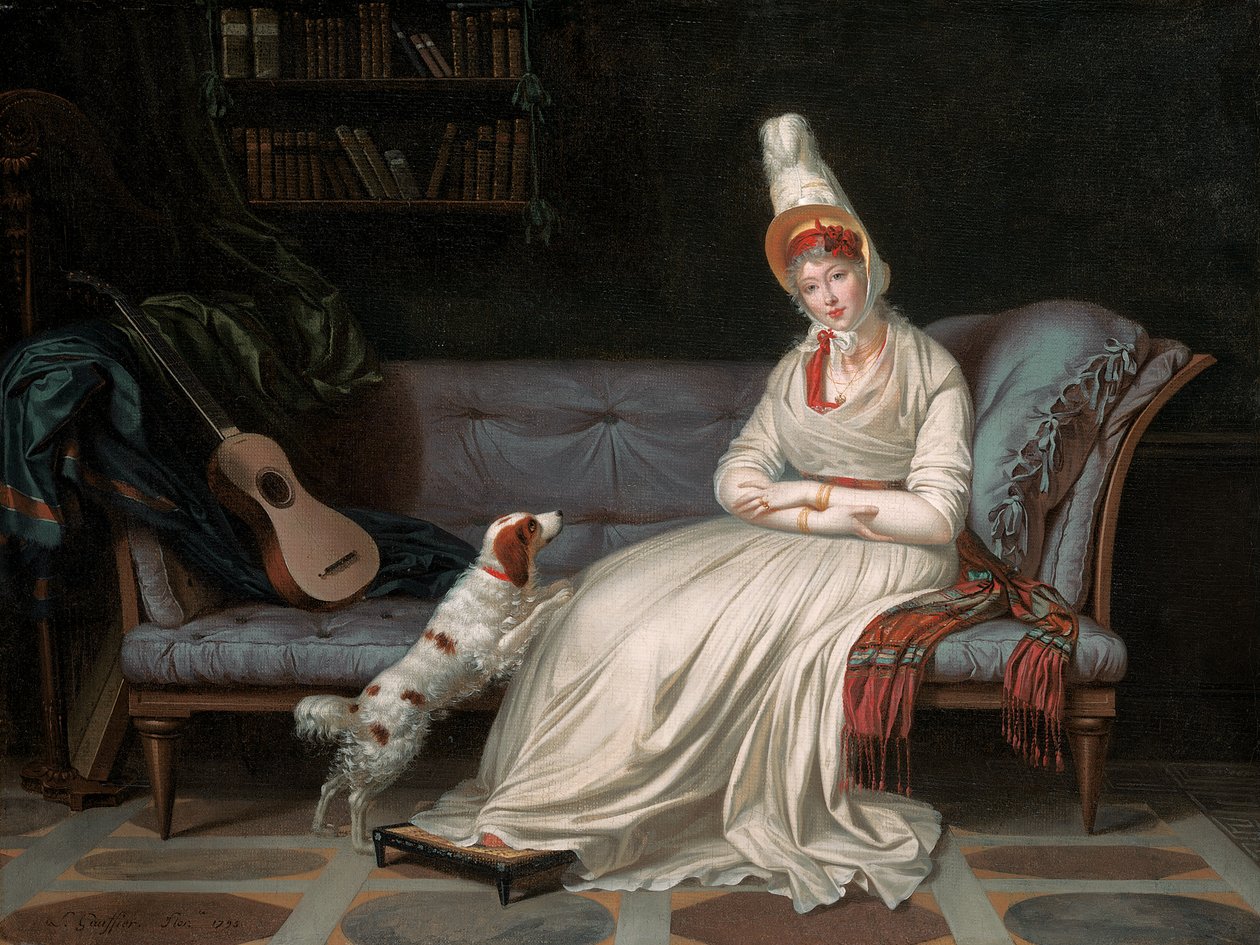 Portret Elżbiety, Lady Webster, później Lady Holland, w białej sukni ze swoim spanielem Pierrotem, ok. 1795 autorstwa Louis Gauffier