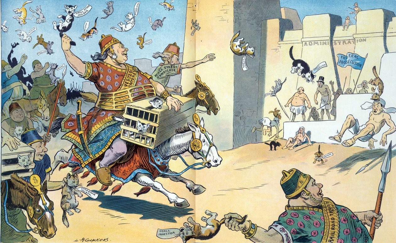 Persowie z Wall Street i Egipcjanie z Waszyngtonu 1907. Ilustracja przedstawia bitwę pod Pelusium z Persami zidentyfikowanymi jako posiadający "partykularne interesy". autorstwa Louis Glackens