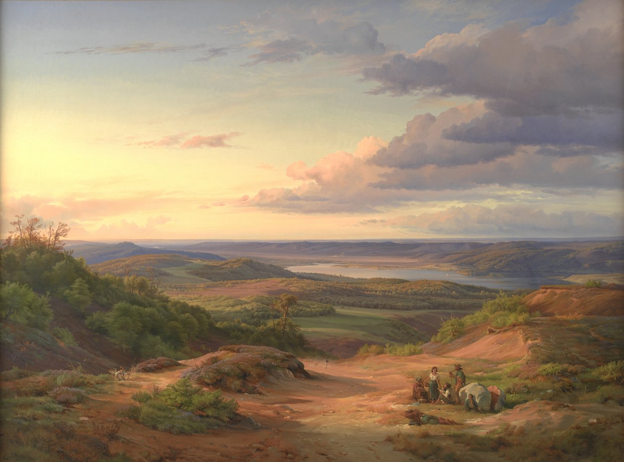 Krajobraz w pobliżu Himmelbjerget w Jutlandii. Na pierwszym planie cygańska rodzina autorstwa Louis Gurlitt