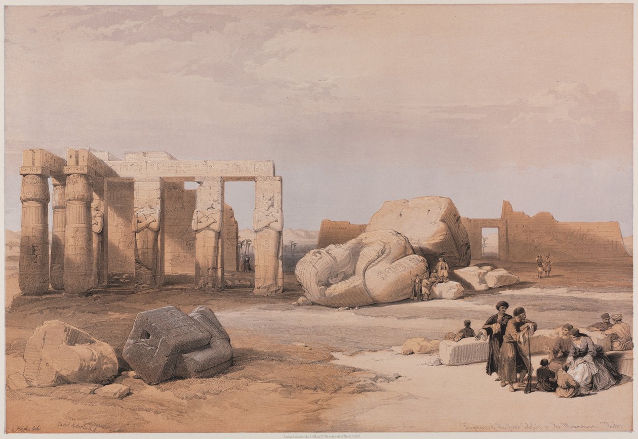 Egipt i Nubia, Tom II: Fragmenty Wielkich Kolosów w Memnonium, Teby, 1847. autorstwa Louis Haghe