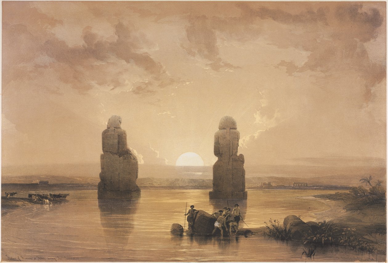 Egipt i Nubia, tom II: Posągi Memnona w Tebach, podczas powodzi, 1848. autorstwa Louis Haghe