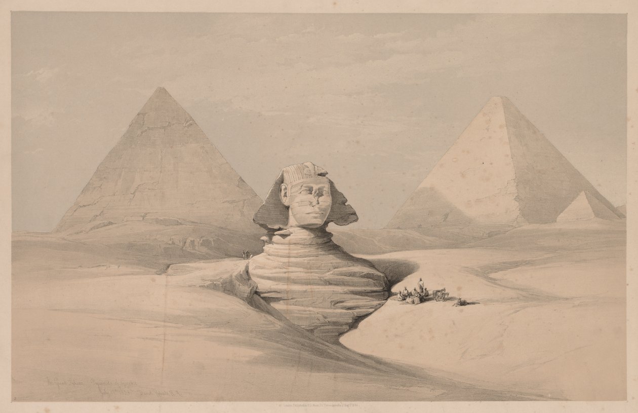 Egipt i Nubia: Tom I - nr 18, Wielki Sfinks, Piramidy w Gizeh, Widok z przodu, 1839. autorstwa Louis Haghe