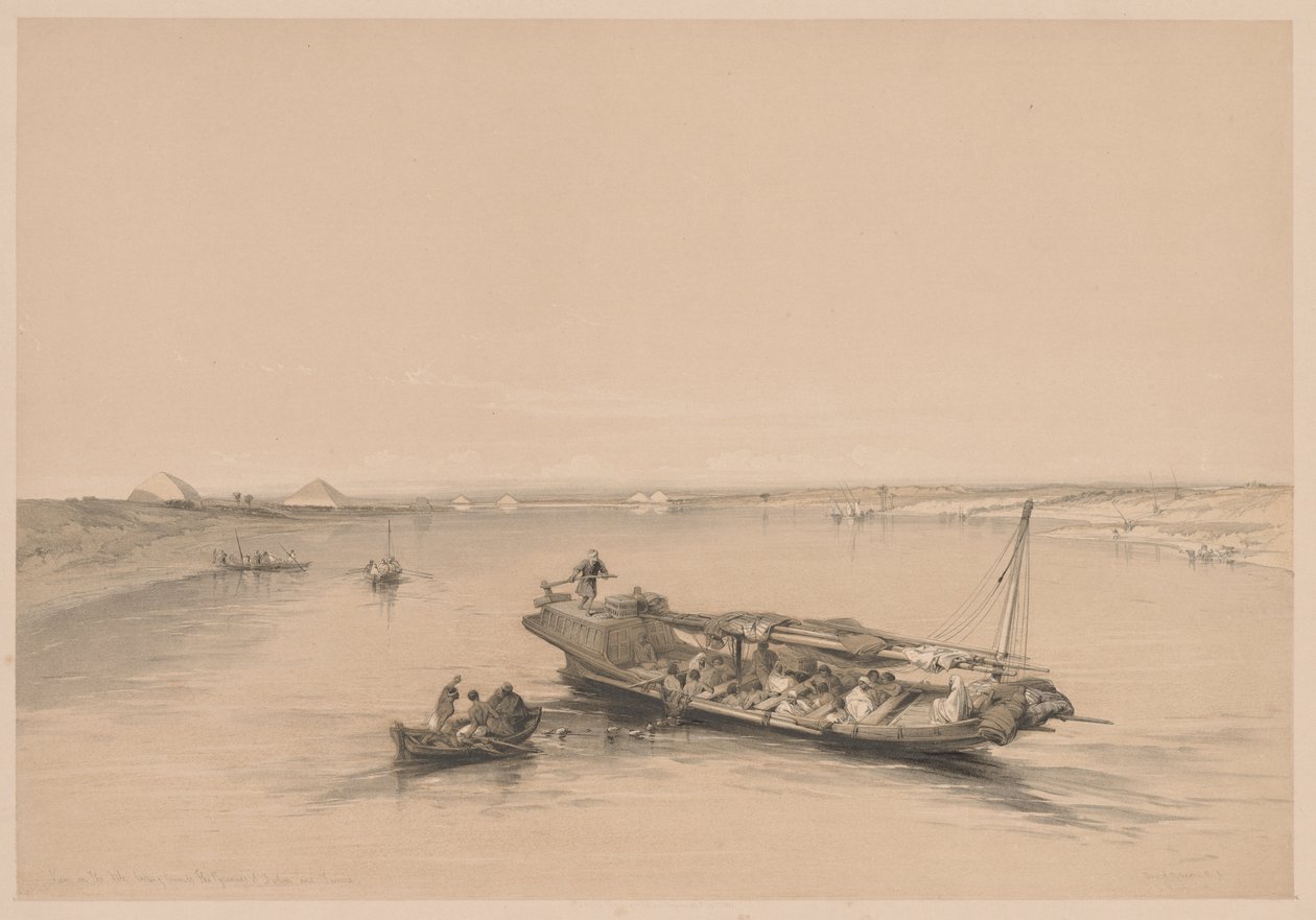 Egipt i Nubia: Tom I - nr 4, Niewolnicze łodzie na Nilu, Widok w kierunku..., 1838. autorstwa Louis Haghe