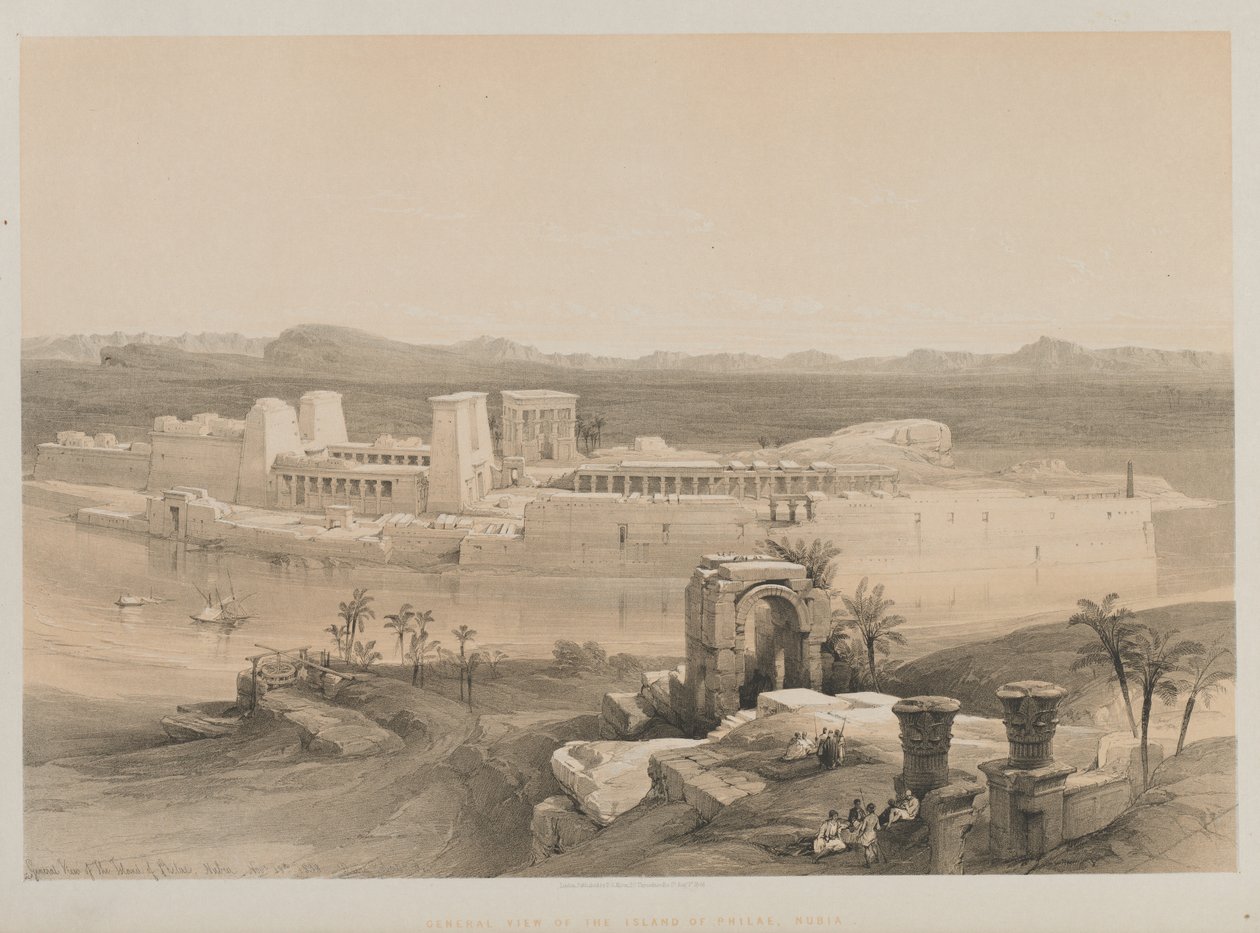 Egipt i Nubia, Tom I: Widok ogólny wyspy Philae, Nubia, 1846. autorstwa Louis Haghe