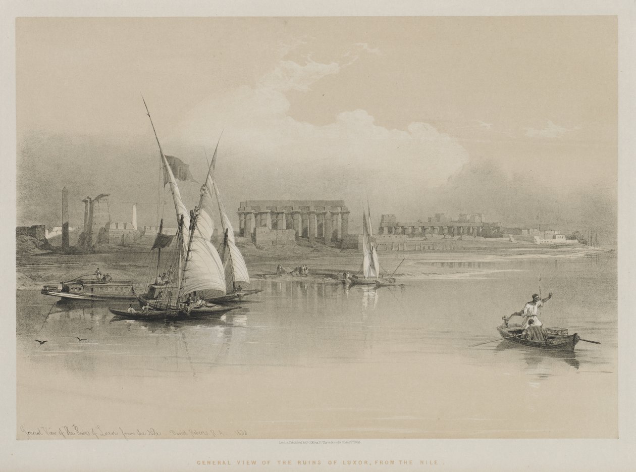 Egipt i Nubia, tom I: Widok ogólny ruin Luksoru, Od Nilu, 1846. autorstwa Louis Haghe