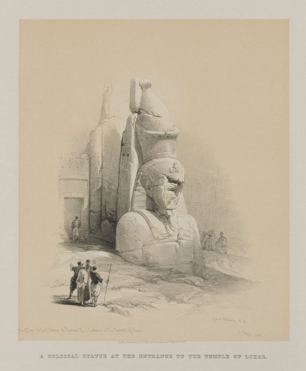 Egipt i Nubia, Tom I: Jeden z dwóch kolosalnych posągów Ramzesa II. Wejście do świątyni w Luksorze autorstwa Louis Haghe