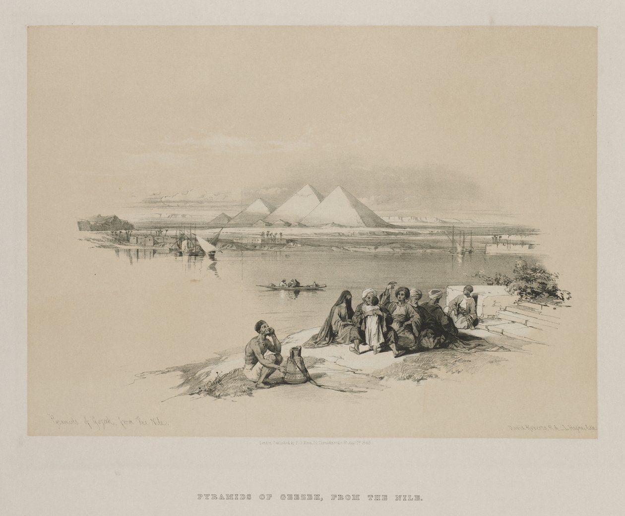 Egipt i Nubia, tom I: Piramidy Geezeh, z Nilu, 1846. autorstwa Louis Haghe