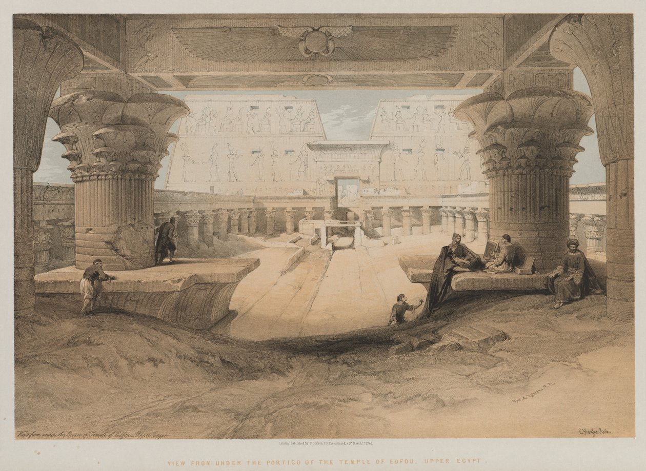 Egipt i Nubia, Tom I: Widok spod portyku świątyni Edfou, Górny Egipt, 1847. autorstwa Louis Haghe