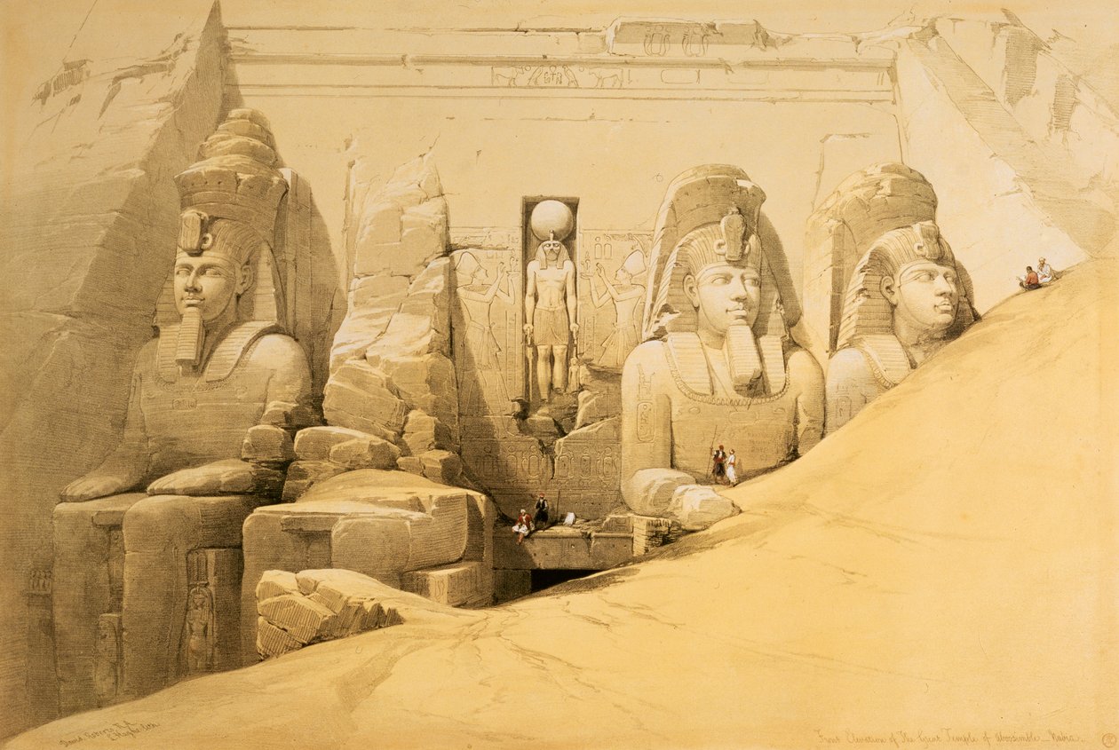 „Elewacja frontowa Wielkiej Świątyni Abu Simbel, Nubia”, Egipt, 1849 autorstwa Louis Haghe