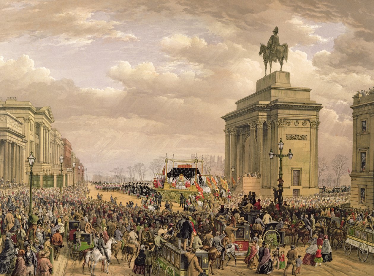 Pogrzeb księcia Wellingtona, wóz pogrzebowy przejeżdżający przez bramę Apsley House, 18 listopada 1852 r., rycina Thomasa Pickena (1838-1870), wyd. Ackermann and Day, 1853 r. autorstwa Louis Haghe