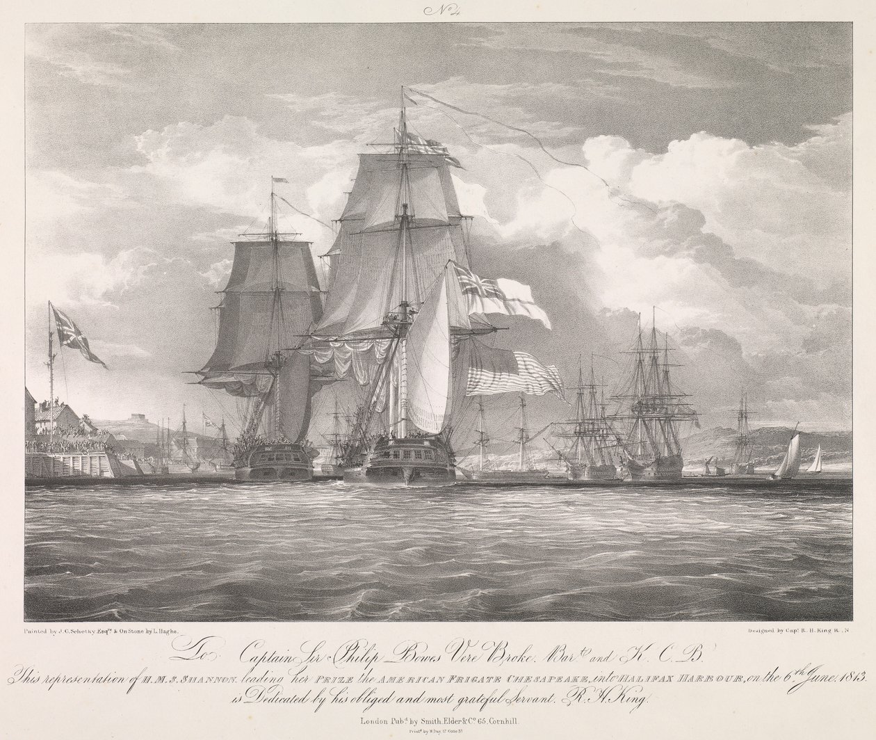 HMS "Shannon" prowadzący amerykańską fregatę "Chesapeake" (1806) do portu Halifax w Nowej Szkocji 6 czerwca 1813 r., ok. 1815 r. (litografia) autorstwa Louis Haghe
