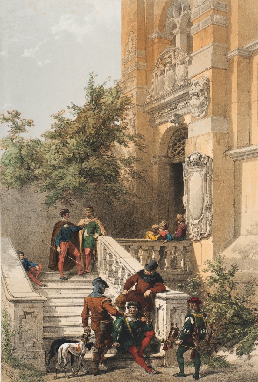 Heidelberg (służący i dworzanie na marmurowym ganku zamku), 1850 autorstwa Louis Haghe