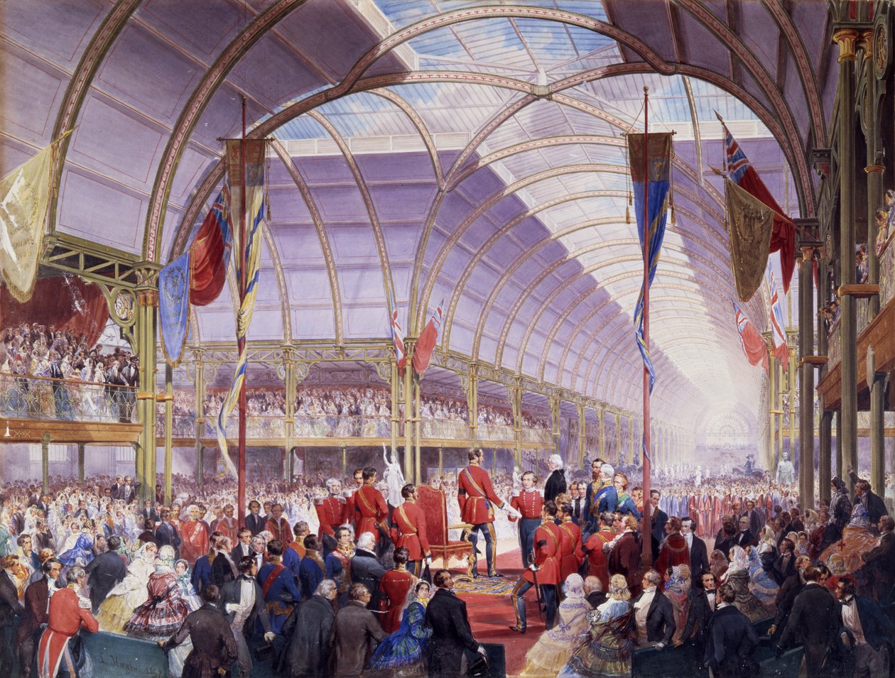 Sir Thomas Fairbairn przekazuje adres księciu małżonkowi na wystawie skarbów sztuki, Manchester, maj 1857 (ołówek, akwarela i gwasz na papierze) autorstwa Louis Haghe