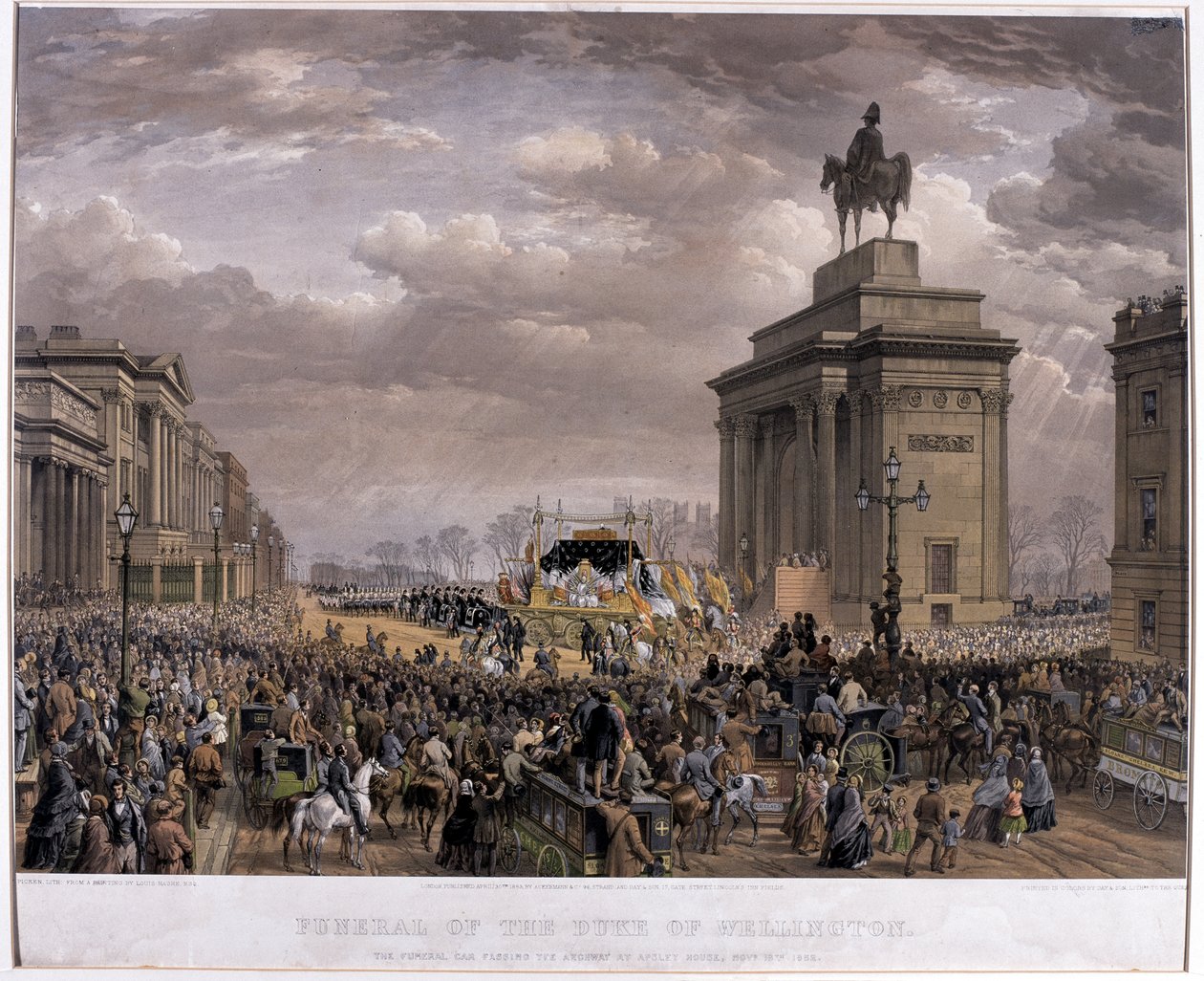 Wóz pogrzebowy księcia Wellingtona (1769-1852) przejeżdżający przez Archway przy Apsley House 18 listopada 1852, 1853 autorstwa Louis Haghe
