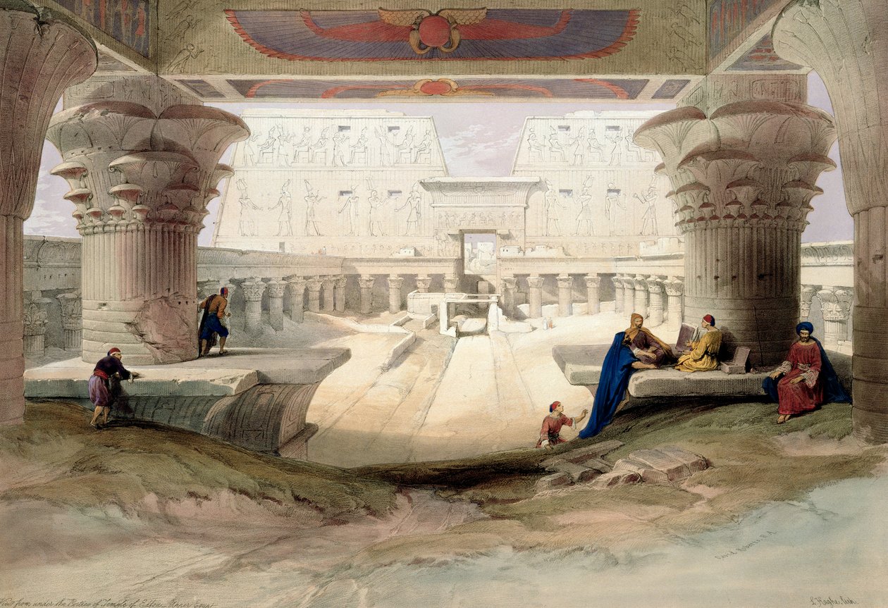„Widok spod portyku świątyni Edfou, Górny Egipt”, 1846 r. autorstwa Louis Haghe