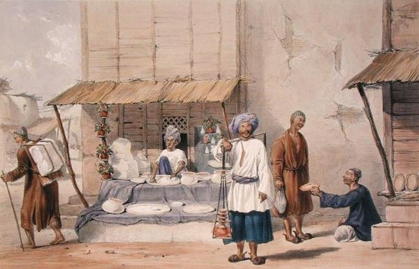 Stajnia Falloden z Huzzahami niosącymi śnieg itp. na rynek, z „Characters and Costumes of Afghanistan” napisanej przez kapitana Lockyera Willisa Harta, opublikowanej w 1843 r. (kolor litho) autorstwa Louis Hague