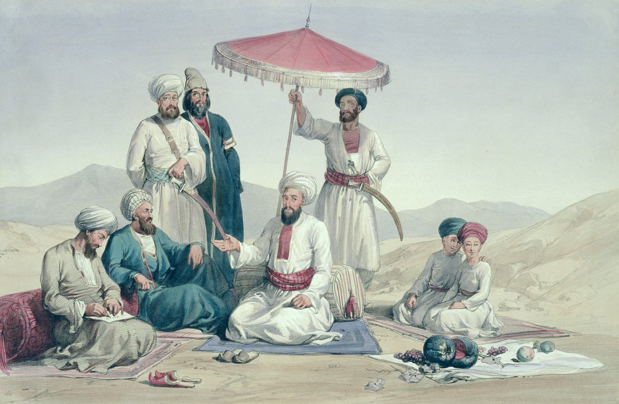 Umer Dost Mohammad Khan z „Postaci i strojów Afganistanu” napisanej przez kapitana Lockyera Willisa Harta, opublikowana w 1843 r. autorstwa Louis Hague