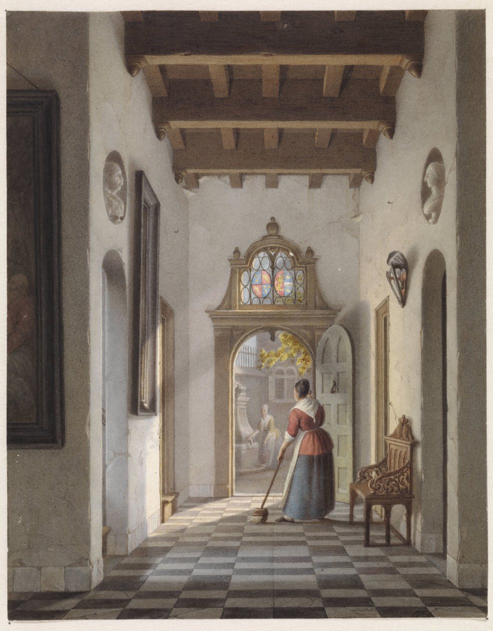 Dziewczyna, która zamiata korytarz domu autorstwa Louis Henri de Fontenay