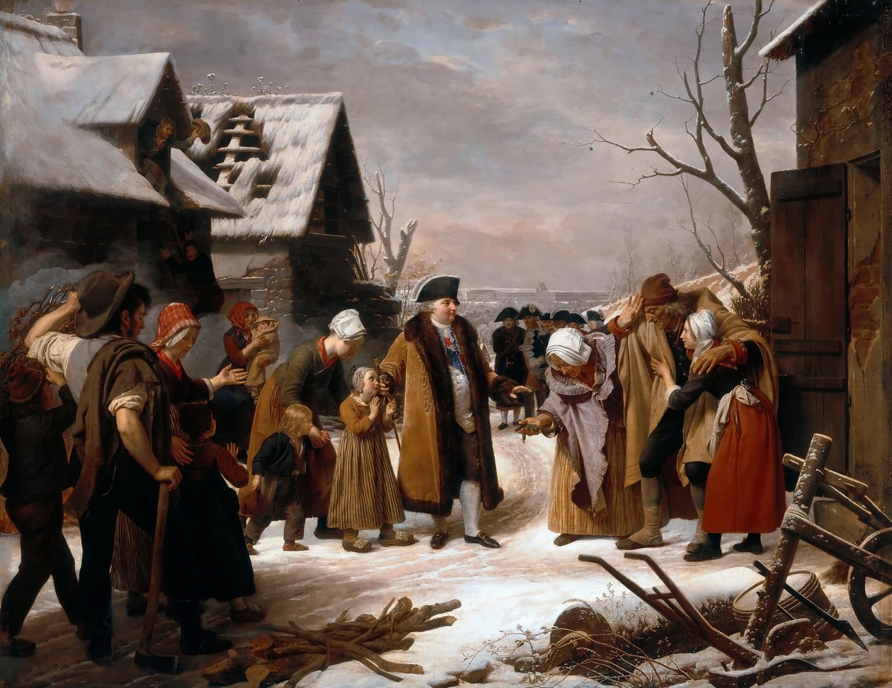 Ludwik XVI rozdaje jałmużnę ubogim w Wersalu zimą 1788 r. autorstwa Louise Marie Jeanne Hersent