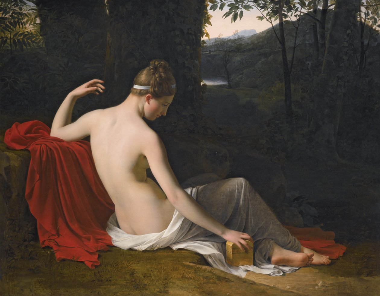 Pandora leżąca w zalesionym krajobrazie autorstwa Louise Marie Jeanne Hersent