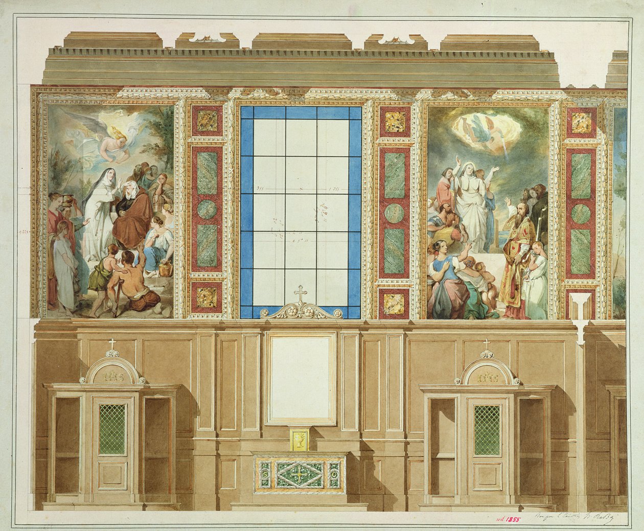 Fragment jednej z kaplic poniżej naw bocznych, z projektu dekoracji kościoła Notre Dame de Lorette, 1855 kolor lito autorstwa Louis Hippolyte Lebas