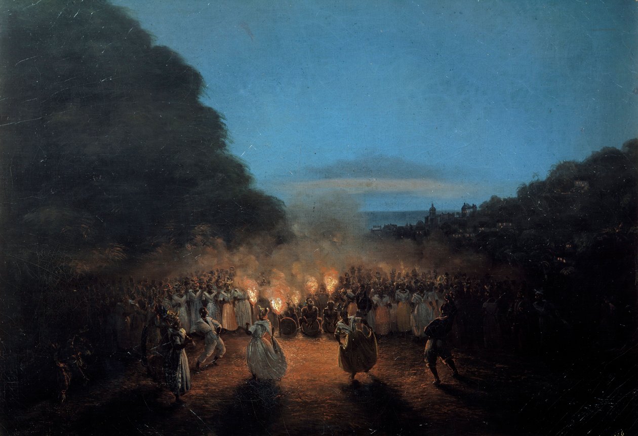 Bamboula tańczy kiedyś bambus (lub kije) na scenie tańca czarnych niewolników w Indiach Zachodnich w świetle pochodni. Obraz Honore Gamaina (1803-1871) XIX-wieczny La Rochelle, Muzeum Nowego Świata autorstwa Louis Honore Gamain