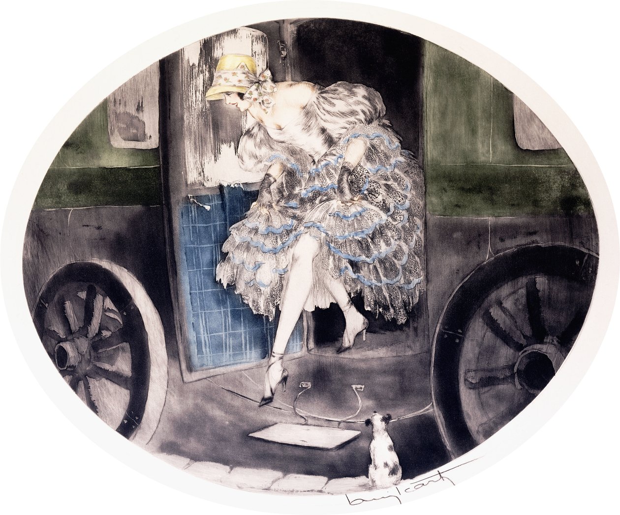 Wysiadając z Powozu, ok. 1920-1930 (akwaforta i akwatinta) autorstwa Louis Icart