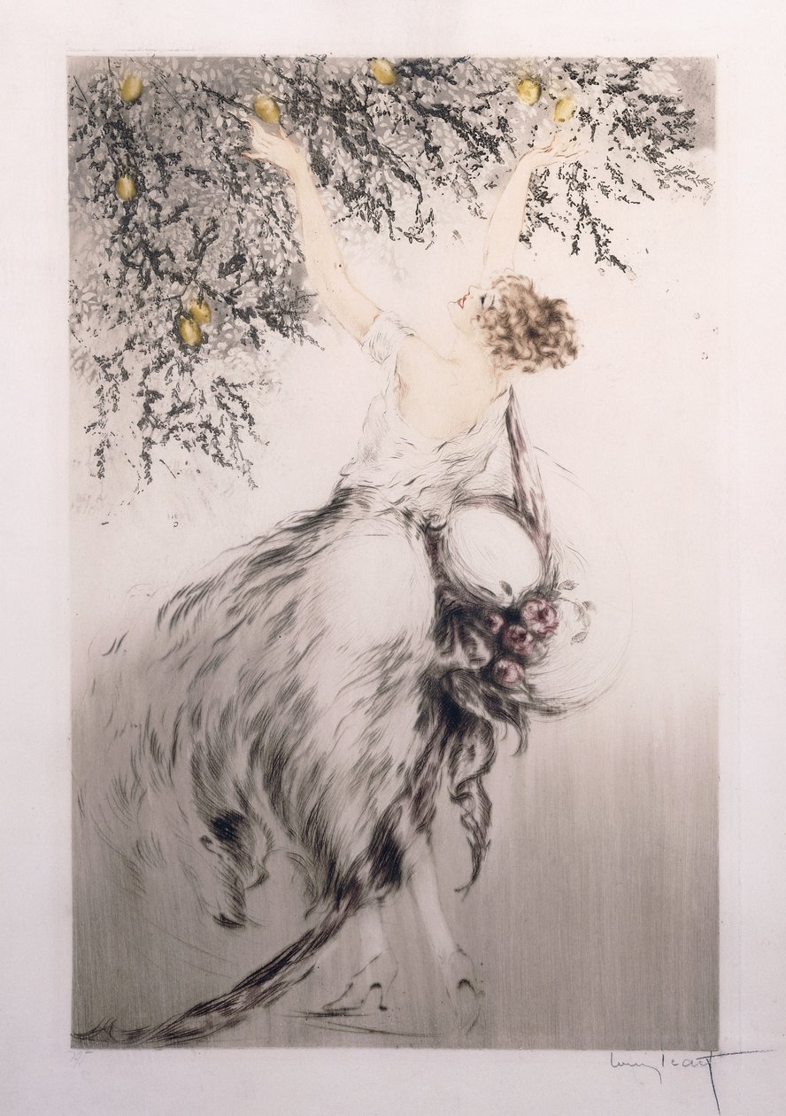 Dziewczyna zbierająca cytryny autorstwa Louis Icart