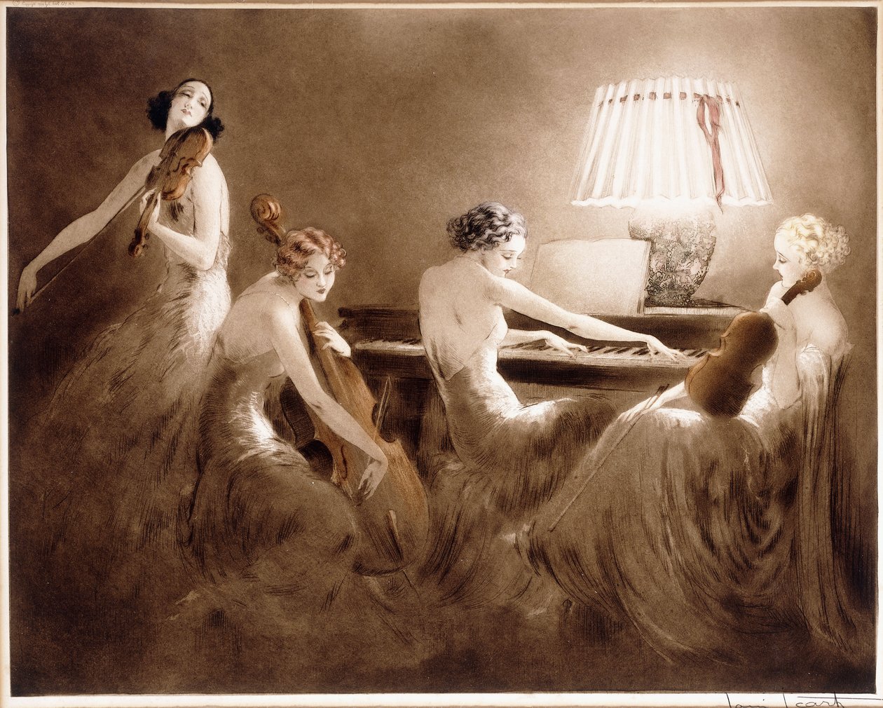 „Godzina melodii”, ok. 1934 (trawienie i sucha igła w kolorach) autorstwa Louis Icart
