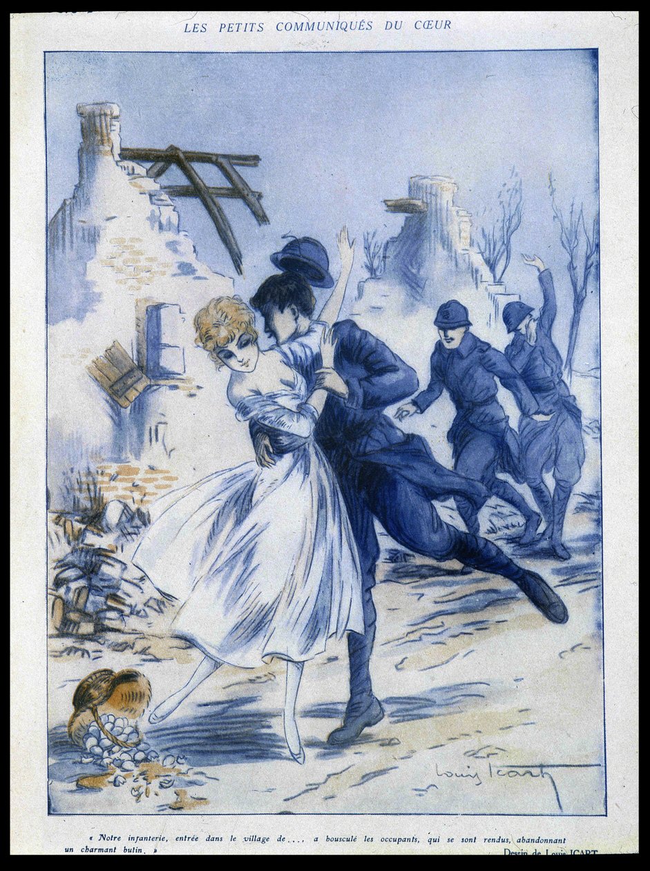 Żołnierze wkraczający do miasta, jeden całujący kobietę, „uroczy łup”, ilustracja: Louis Icart (1888-1950) w „” Fantasio”” 15.12.1915 autorstwa Louis Icart