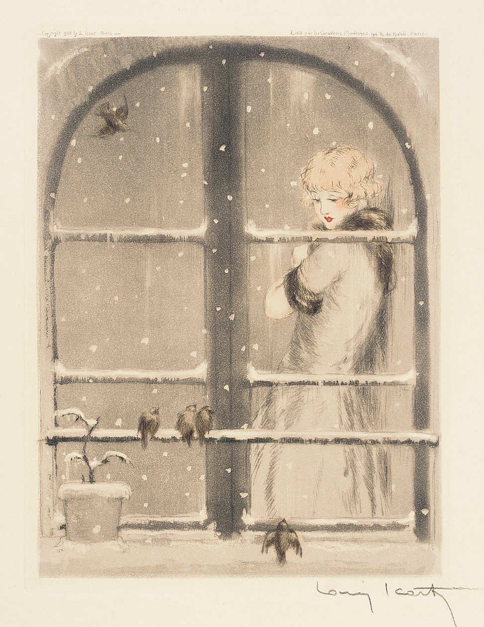 Cztery pory roku: zima, ok. 1928 (ręczna igła i akwatinta) (zob. też 745548-50) autorstwa Louis Icart