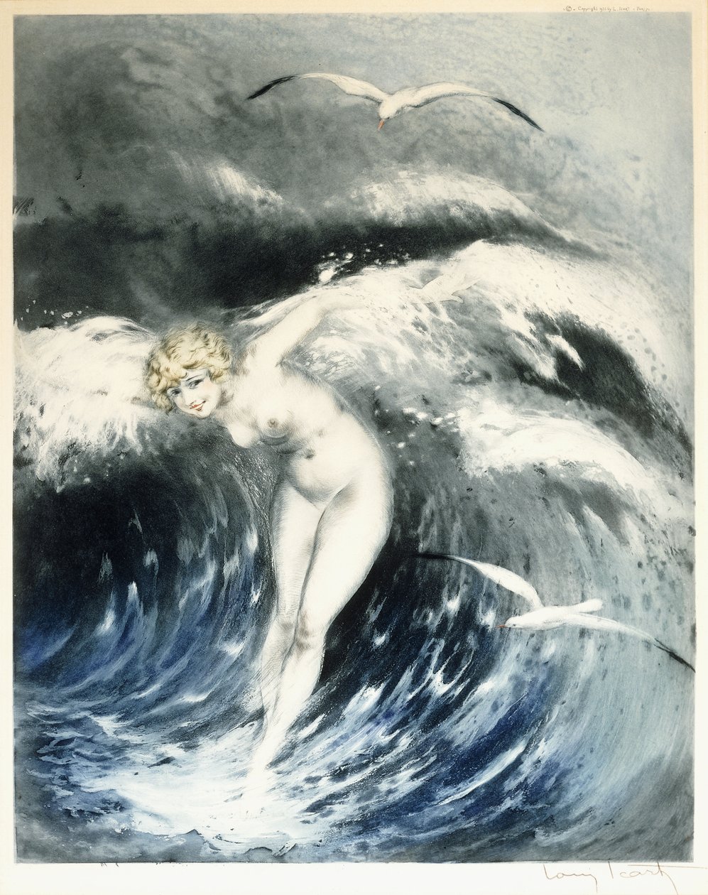 Wenus na falach, c. 1931 (trawienie kolorem i sucha igła) autorstwa Louis Icart