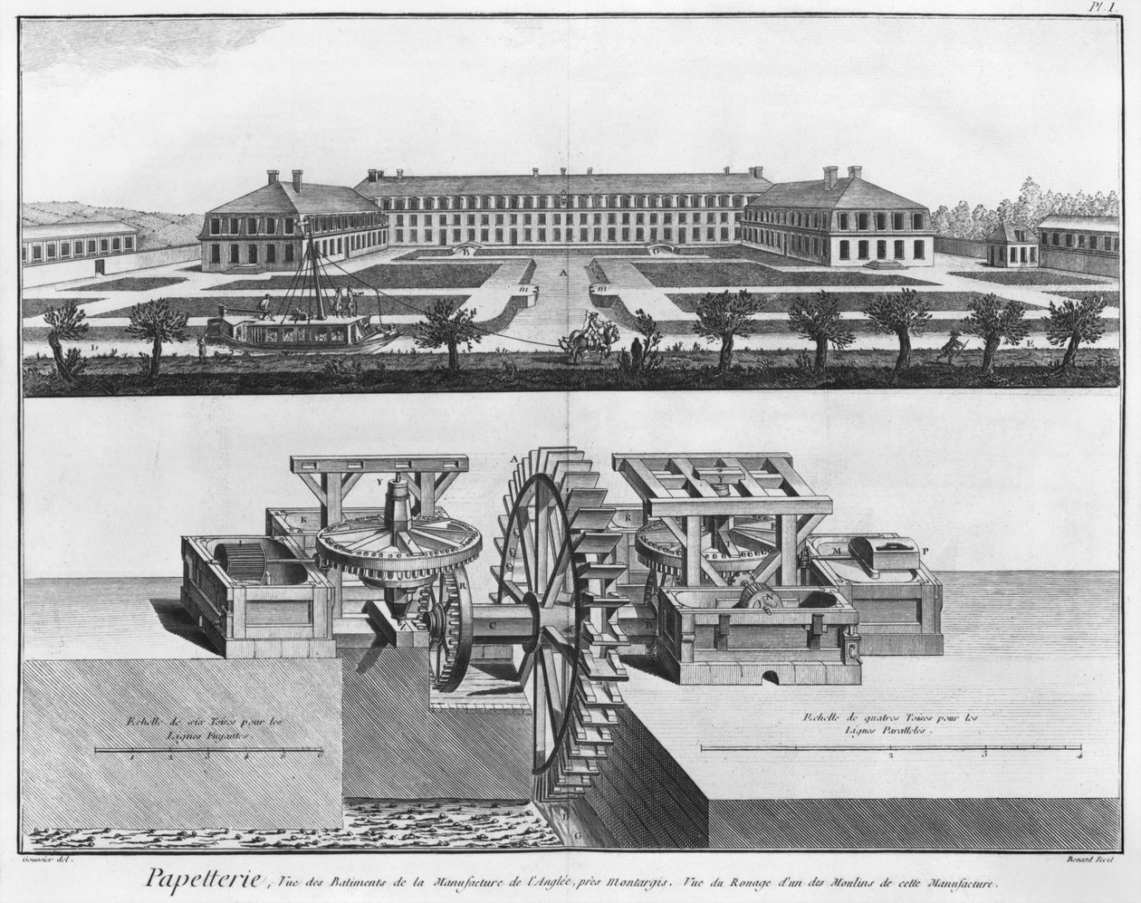 Papiernia, ilustracja z „Encyclopedie des Sciences et Metiers” Denisa Diderota (1713-84) rytowana przez Roberta Benarda (fl.1734) opublikowana ok. 1770 autorstwa Louis Jacques Goussier