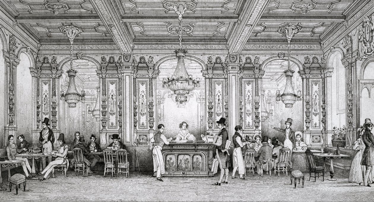 Cafe de la Banque de France zbudowana przez architekta Dusillon i zlokalizowana Place de Victoire - Grawerowanie Schaal - 1839 - autorstwa Louis Jacques Nicolas Schaal