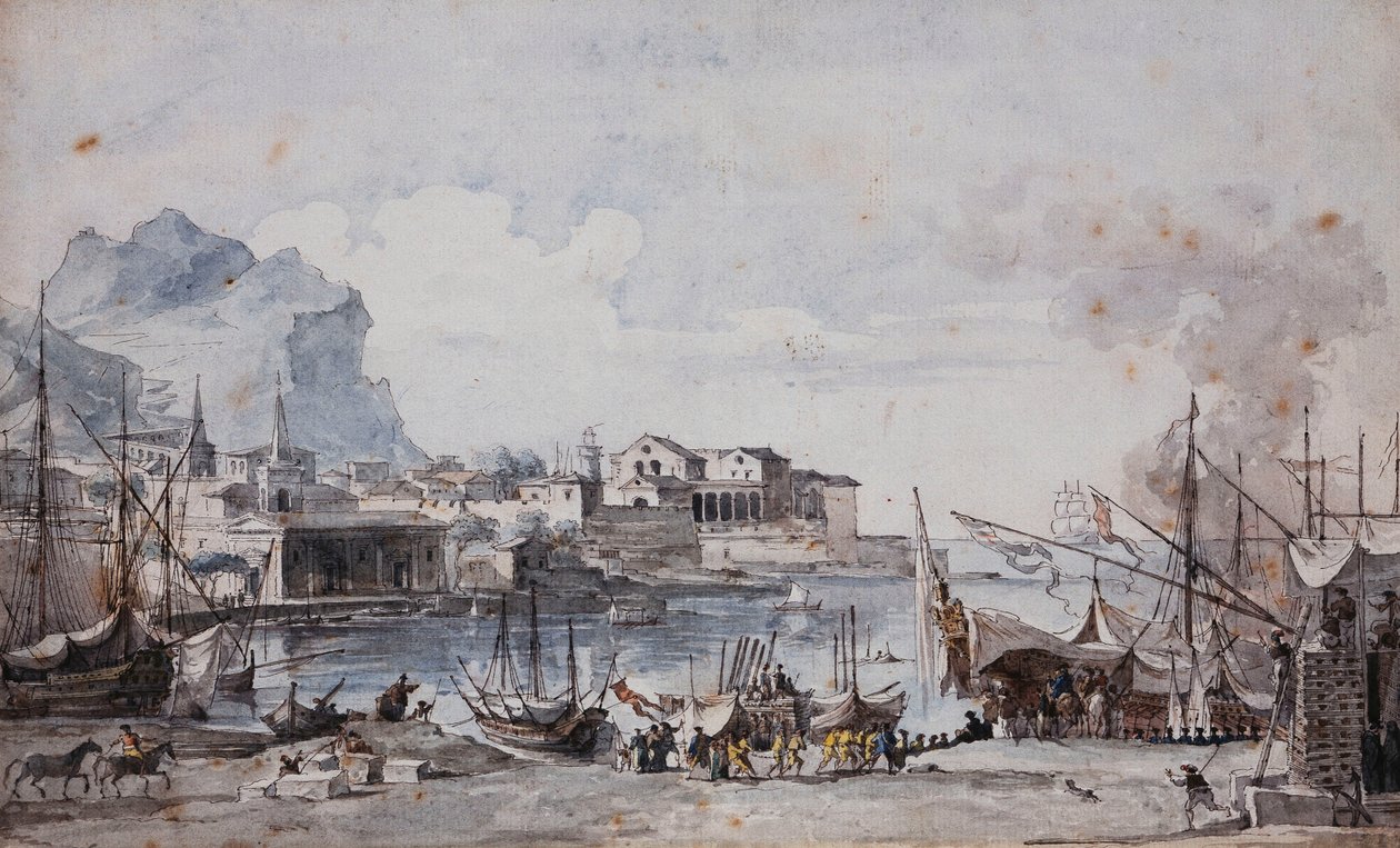 Widok na port w Palermo, 1777 autorstwa Louis Jean Desprez