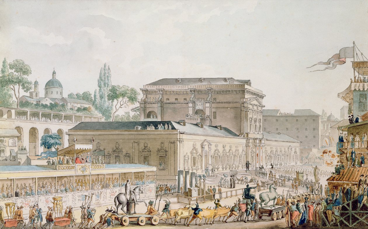 Zabytki znalezione w Herkulanum przewożone do Muzeum Neapolitańskiego, ok. 1782 (pióro, atrament i toaleta na papierze) autorstwa Louis Jean Desprez