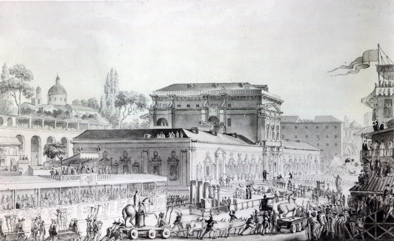 Zabytki znalezione w Herkulanum przewożone do Muzeum Neapolu, ok. 1782 (pióro, atrament i akwarela na papierze) autorstwa Louis Jean Desprez