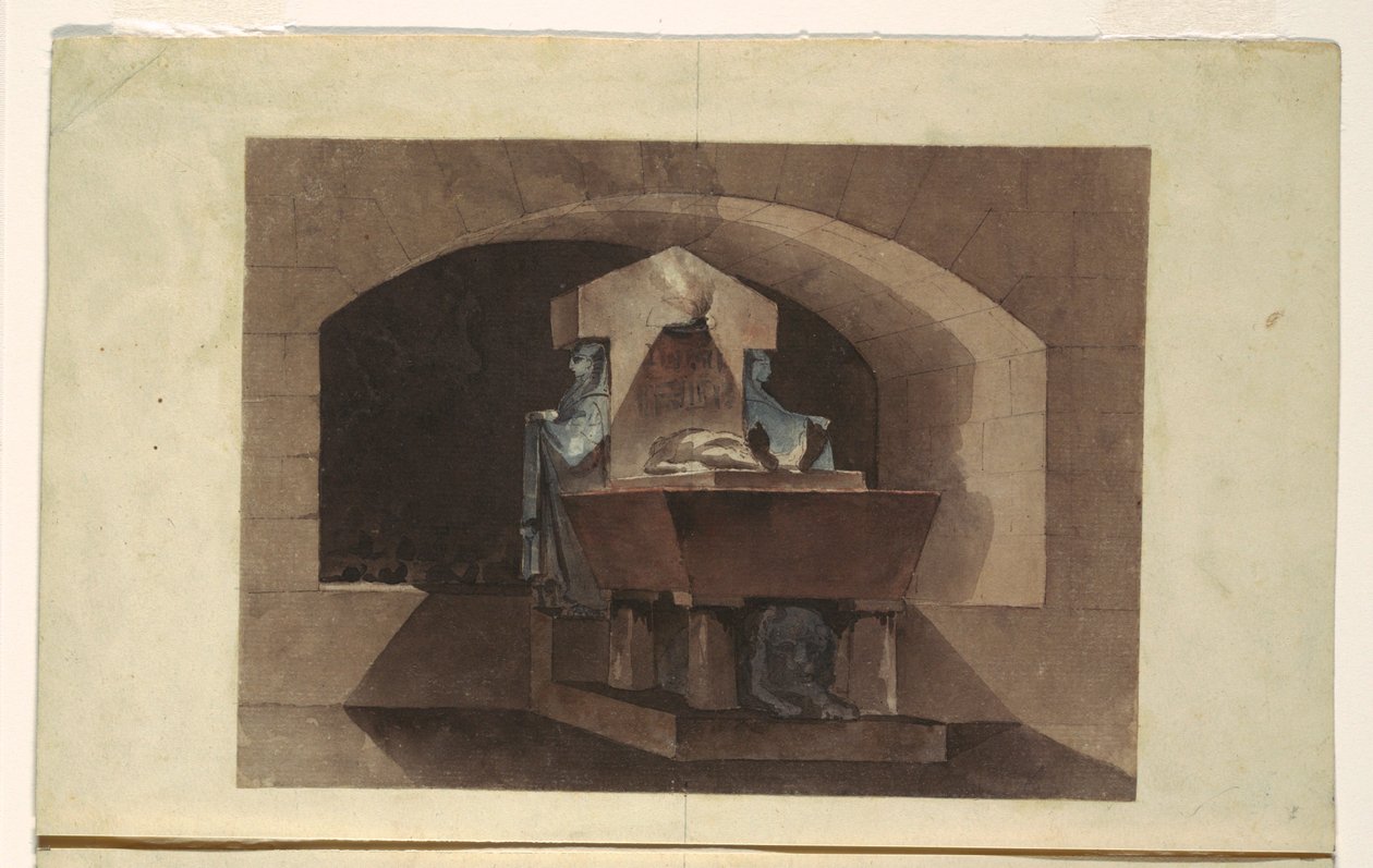 Rysunek Grobowiec w stylu egipskim z kariatydami i lwem, ok. 1779-84 autorstwa Louis Jean Desprez