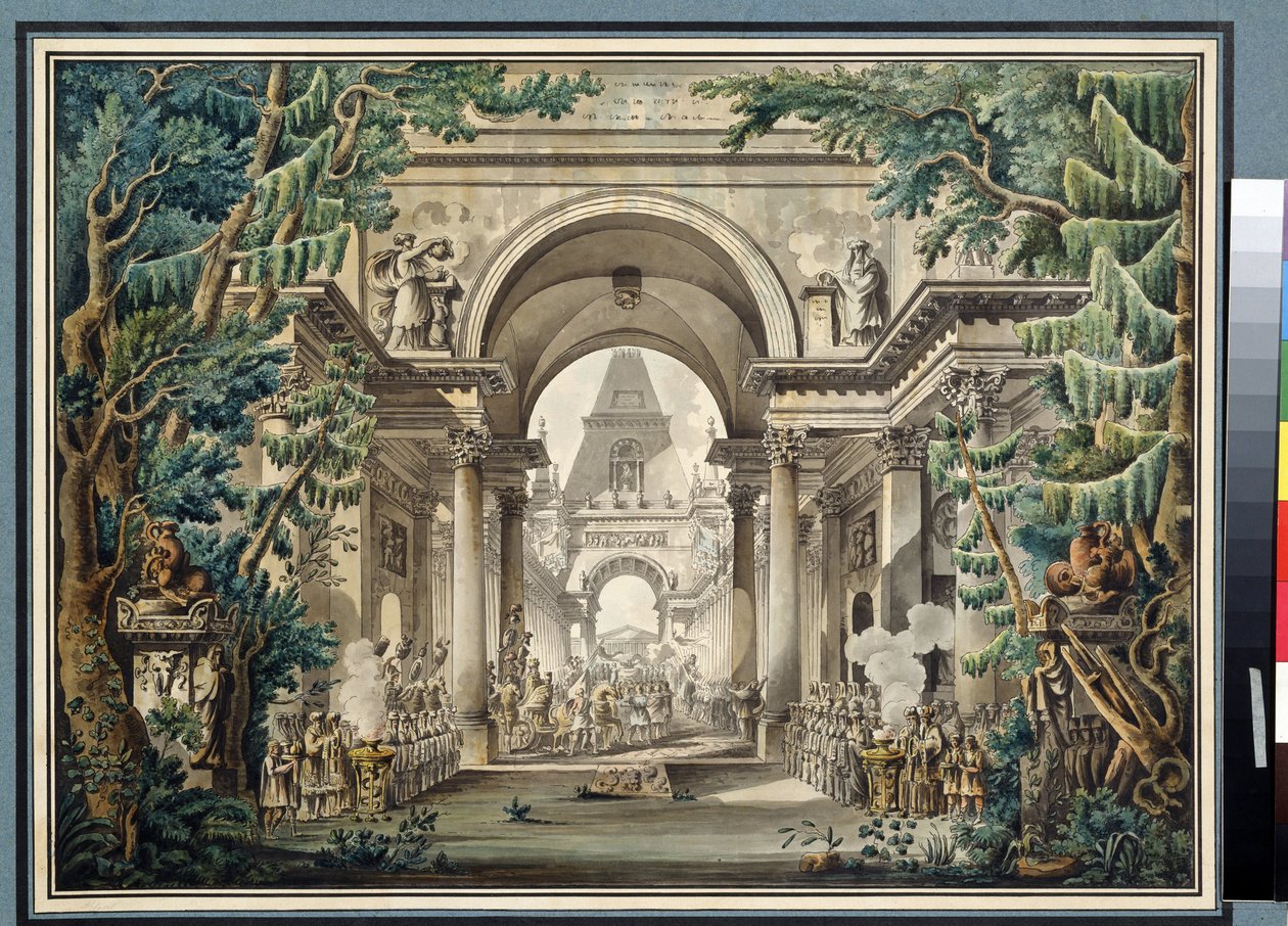 „La procession au temple” (procesja w świątyni) Scenografia do spektaklu. Akwarela Louisa Jeana Despreza (1743-1804) Muzeum Puszkina, Moskwa autorstwa Louis Jean Desprez