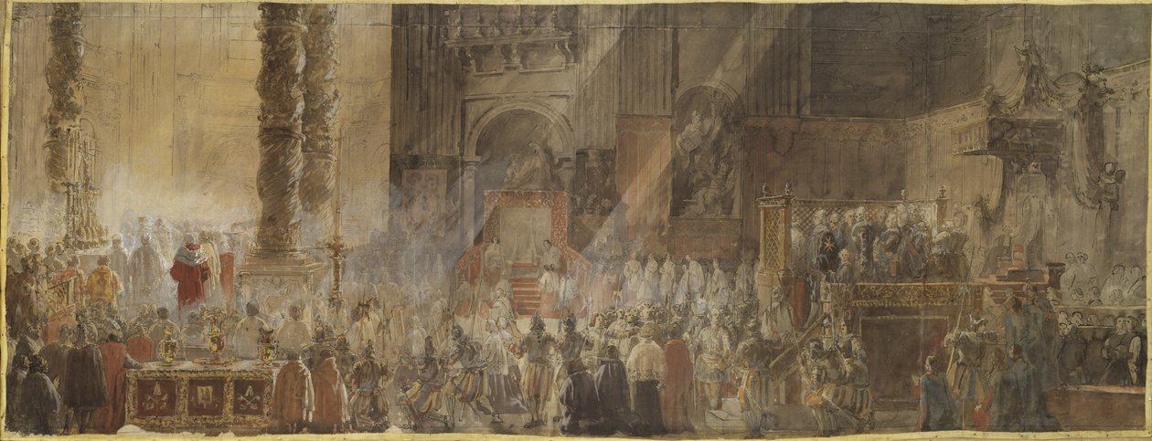 Szwedzki król Gustaw III (1746-1792) uczestniczy w mszy bożonarodzeniowej w Bazylice Św. autorstwa Louis Jean Desprez