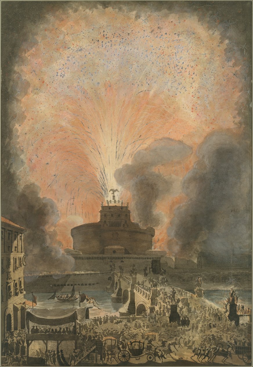 Girandola w Zamku Świętego Anioła, ok. 1781 (akwaforta z ręcznym kolorowaniem) autorstwa Louis Jean Desprez