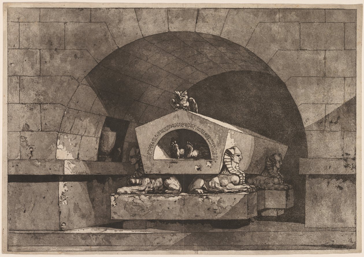 Grobowiec ze sfinksem: pomnik nagrobny z sową na sarkofagu podpartym przez sfinksa, ok. 1930 r. 1779-84. autorstwa Louis Jean Desprez