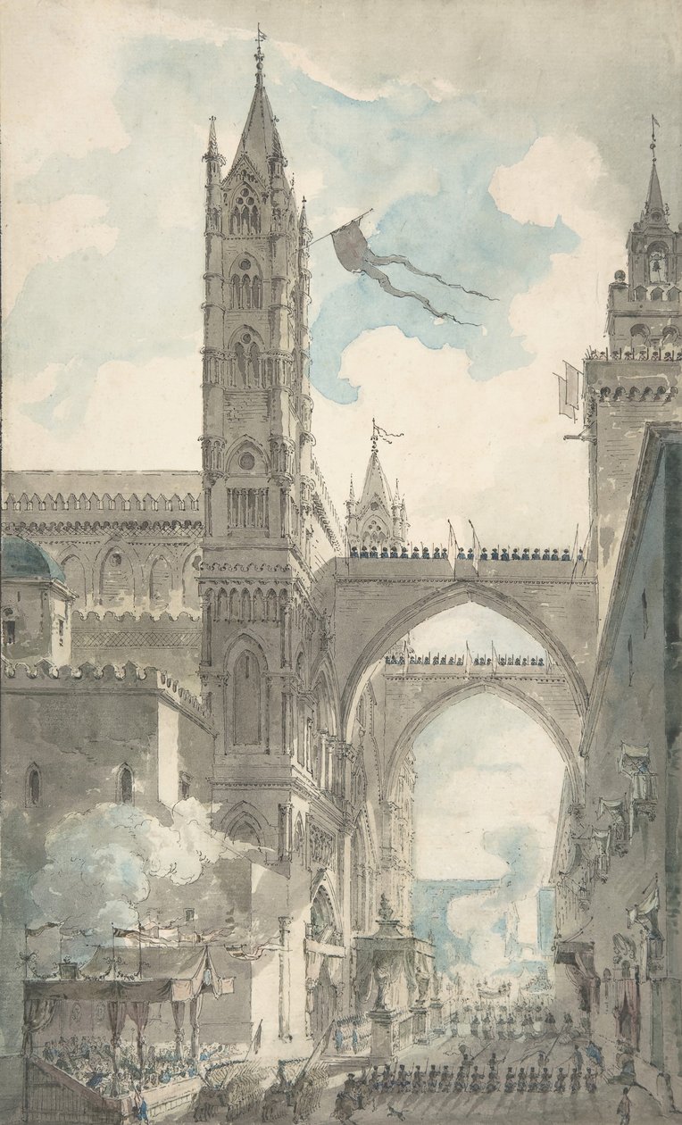 Widok portalu i głównego wejścia do katedry w Palermo podczas festiwalu..., b.d. autorstwa Louis-Jean Desprez