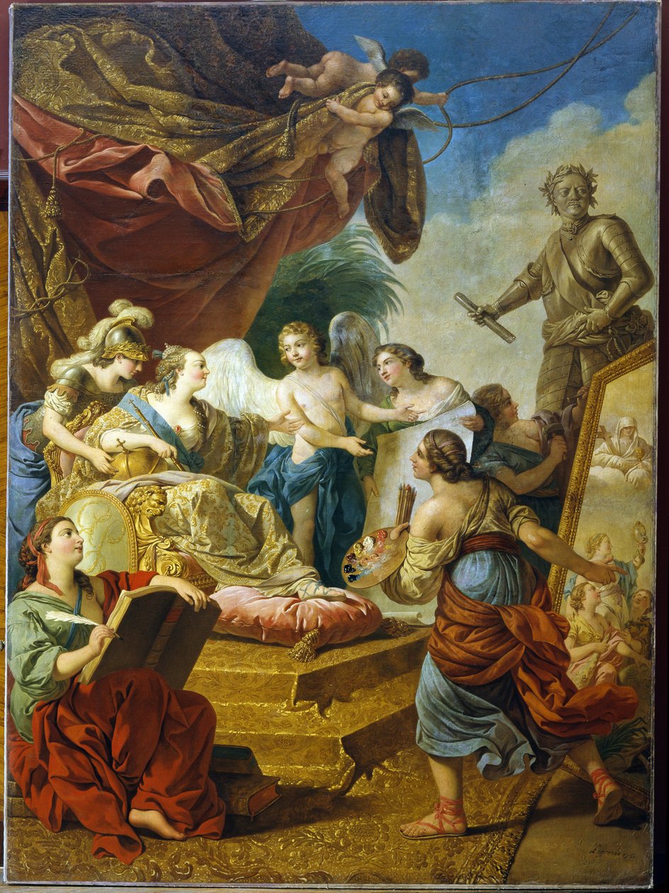 Cesarzowa Elżbieta Rosyjska (Carina Elżbieta I Pietrowna Romanow, znana jako Klemens (1709-1762), patronka sztuk. (Cesarzowa Elżbieta Pietrowna jako Patronka Sztuk). Obraz Louis Jean Francois Lagrenee (1725-1805), olej w sieci autorstwa Louis Jean Francois I Lagrenee