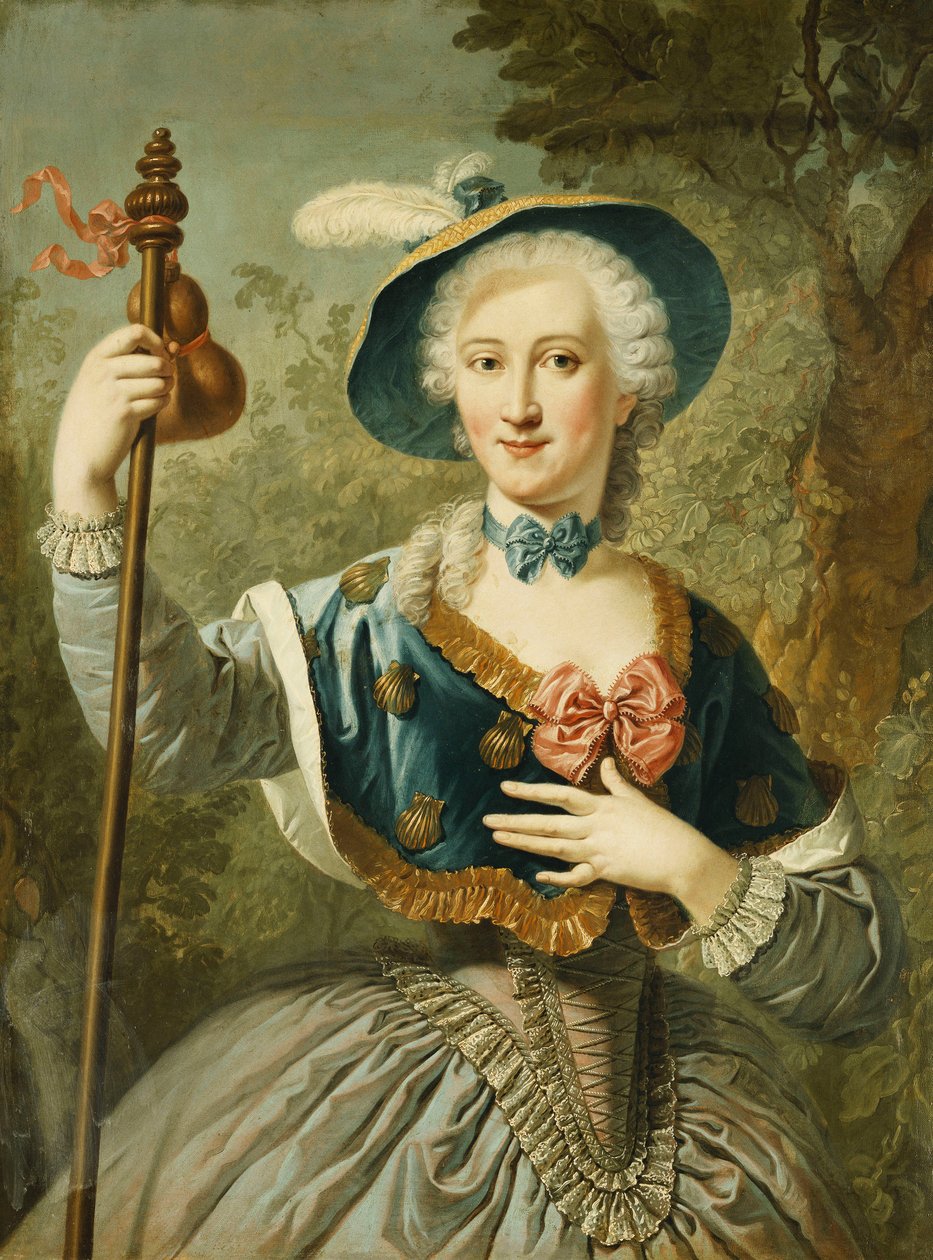 Portret damy, długości trzech czwartych, ubranej jak pielgrzym i noszącej słomkowy kapelusz z niebieską podszewką i pióro, 1747 autorstwa Louis Jean François Lagrenée