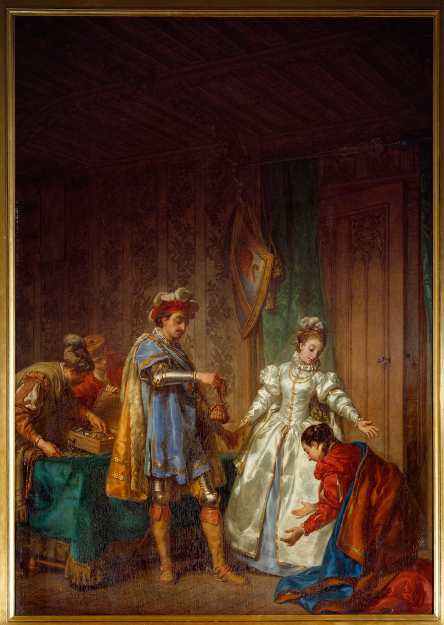 The Continence of Bayard Rycerz Pierre Terrain, Lord of Bayard (1476-1524) daje stypendium biednej i dziewiczej dziewczynie, aby mogła uczciwie wyjść za mąż autorstwa Louis Jean Jacques Durameau