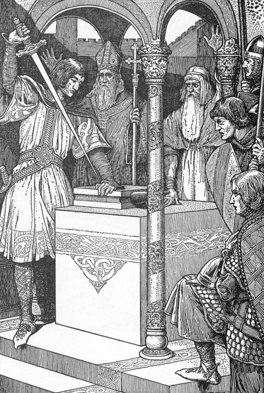 Artur wyciągnął miecz Excalibur z kowadła Ilustracja Louisa Rheada (1858-1926) z „Króla Artura i jego rycerzy” 1923 Zbiory prywatne autorstwa Louis John Rhead