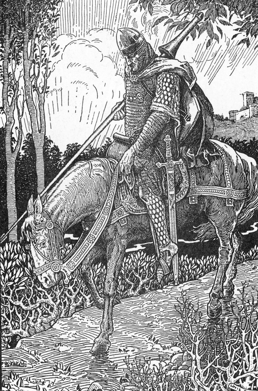 Mordred (Modred) rany po bitwie pod Camlann przeciwko swojemu ojcu, królowi Arturowi (Mordred ranny po bitwie pod Camlann) Ilustracja Louisa Rheada (1858-1926) z „Króla Artura i jego rycerzy” 1923 Zbiory prywatne autorstwa Louis John Rhead