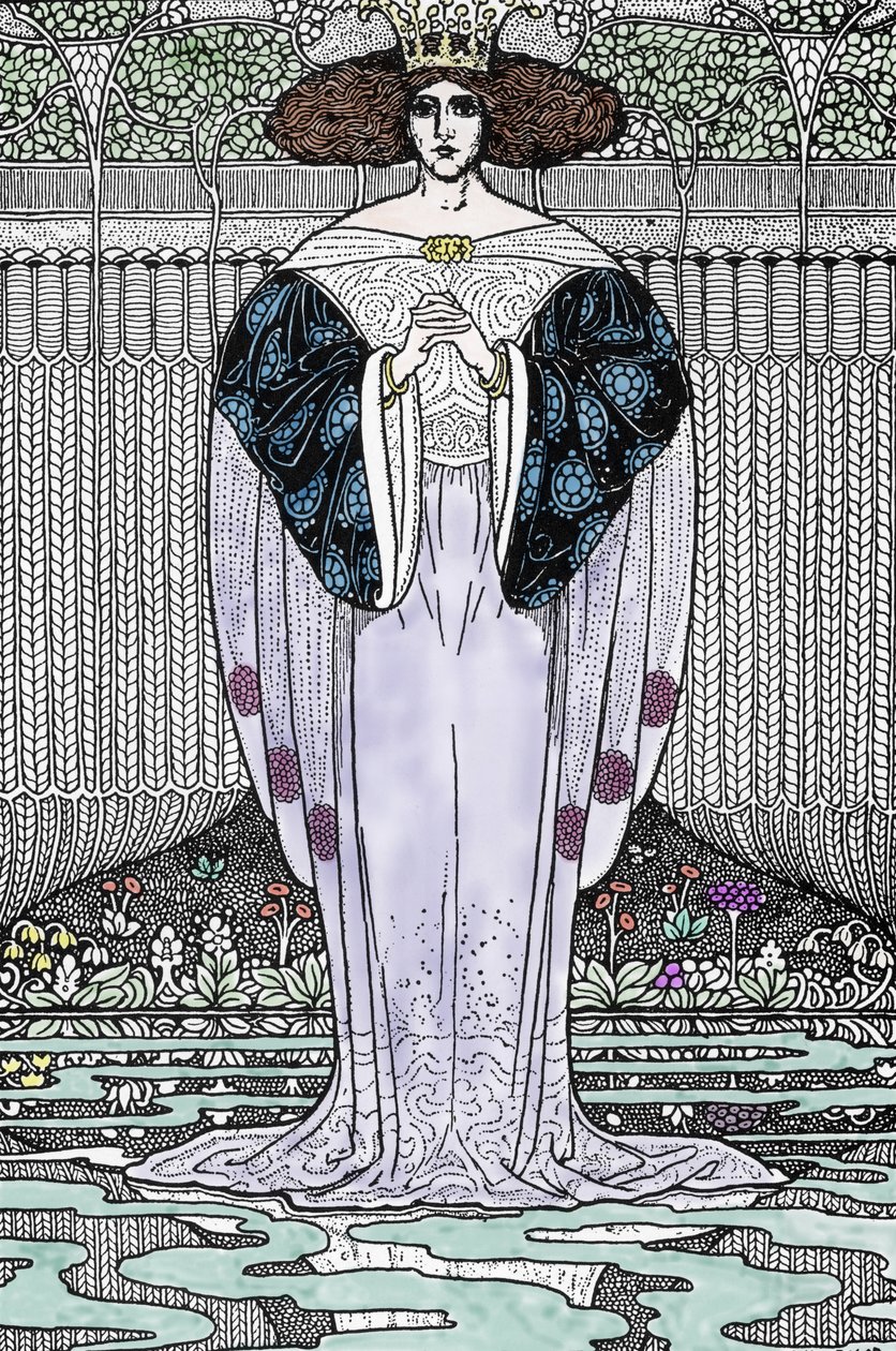 Przedstawienie Pani Jeziora (Nimue, Viviane) Ilustracja autorstwa Louisa Rheada (1858-1926) do „Króla Artura i jego rycerzy”” autorstwa Louis John Rhead