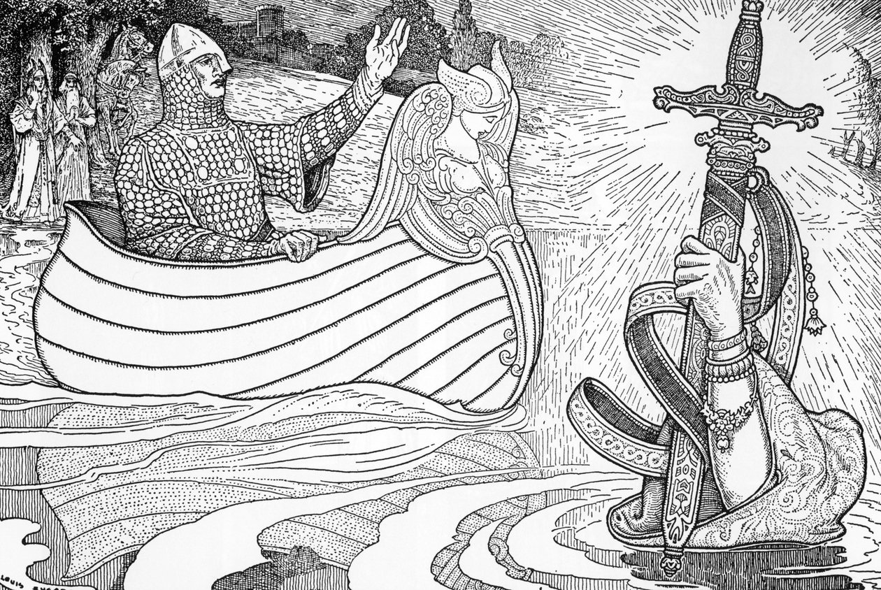 Przedstawienie Pani Jeziora (fee viviane), postać z legend arturiańskich, dająca królowi Arturowi szpadę Excalibur (legenda arturiańska: Pani Jeziora (Nimue, Viviane) dająca królowi Arturowi jego miecz Excalibur) Ilustracja autorstwa Louisa Rheada (1858 -1 autorstwa Louis John Rhead
